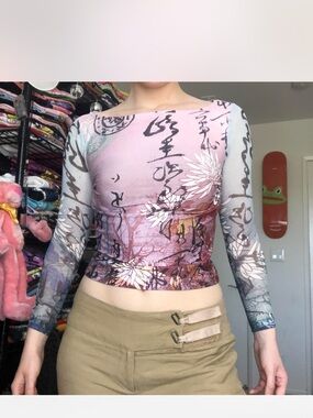 Reclaimed Vintage Pink Floral Script Mesh Long-Sleeve Top